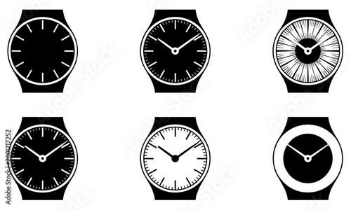 Collection of various wristwatch faces with different designs and times on white background