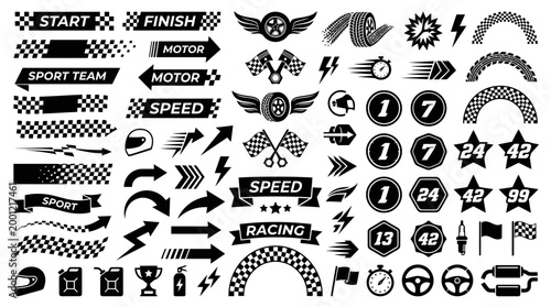 Black and white illustration of various racing icons and symbols on a blank surface for design.