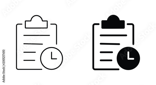 Minimalist clipboard with clock icon set, black outline and solid silhouette task management symbols, time tracking and project schedule vector icons