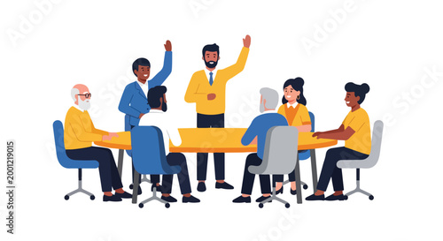 Fotografía A diverse team of professionals is actively participating in an office meeting around a large table, with some members raising their hands to vote