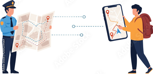 Navigation vector illustration with police officer and digital map
