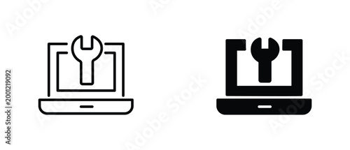 Laptop repair service icons, computer technical support symbols, notebook maintenance and hardware fix vector set, black line and solid style