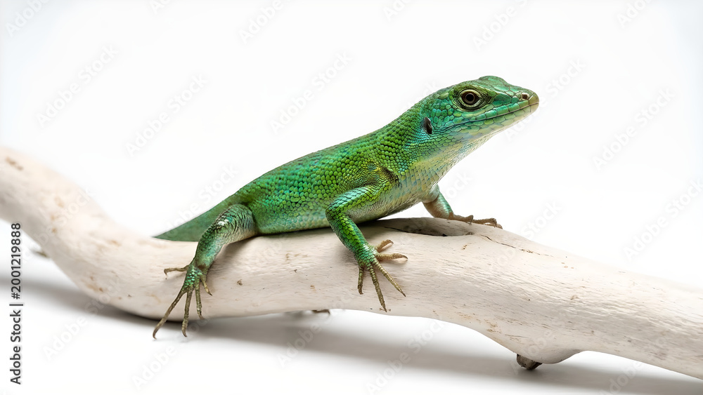 Naklejka premium Bright Green Lizard perched on a weathered wooden branch