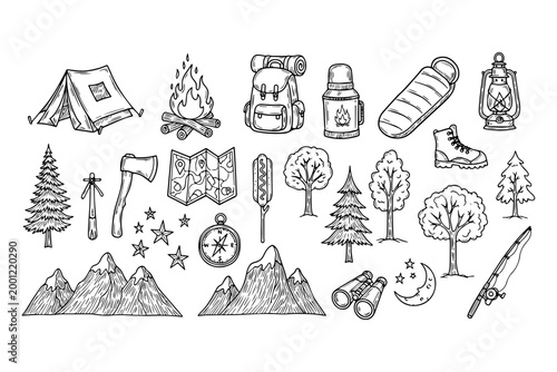Hand drawn camping icons set, black and white outdoor adventure doodles, 25 nature and hiking elements, rustic forest exploration sketches