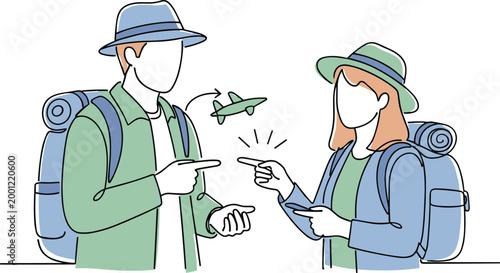 Travel vector illustration with backpackers and airplane planning symbol