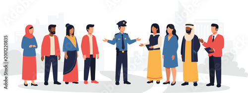 Community interaction vector illustration with police officer and citizens