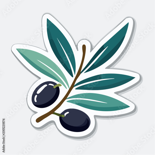 Stylized illustration of an olive branch with black olives