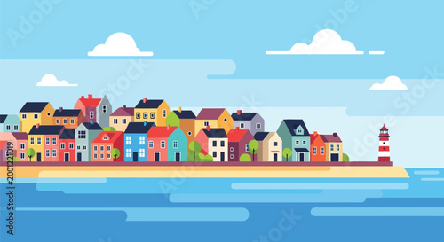 A colorful cartoon town by the sea