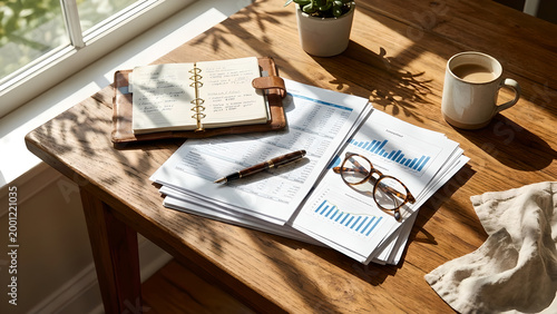 Elegant workspace setup with coffee, notes, and financial charts