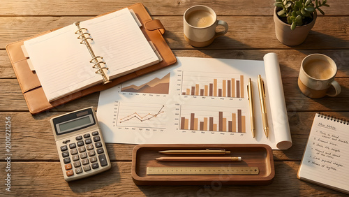 Organized workspace with productivity tools for planning and analysis