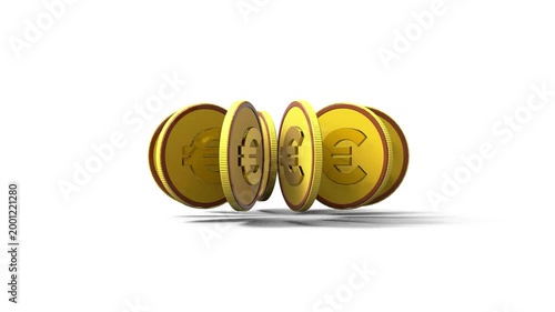 3D Golden Euro Coins Spinning in Seamless Loop on White Background
