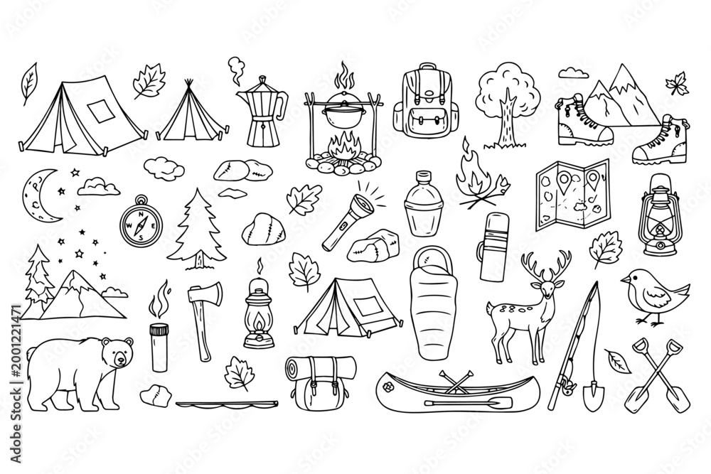 Fototapeta premium Hand drawn camping icons set, black and white outdoor adventure doodles, wilderness equipment and forest wildlife illustrations for hiking and travel