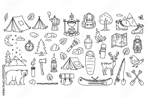 Hand drawn camping icons set, black and white outdoor adventure doodle collection, nature hiking and trekking equipment illustrations