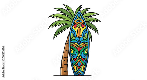 A colorful surfboard leaning against a palm tree
