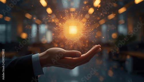 Hand presenting a glowing AI chip symbolizing artificial intelligence and advanced technology machine learning deep learning server room