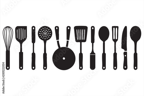 Chef cooking icons, kitchen utensils symbols for food service apps