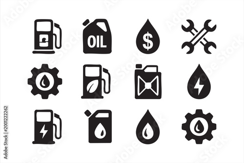 Gas station icons, fuel oil energy symbols for transportation industry