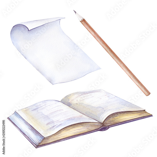 Hand-painted watercolor set wiht an open blank book, a wooden pencil, and a curled sheet of paper. Realistic clipart on an isolated background. Perfect for educational materials, literary blogs