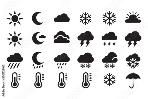 Climate weather icon set, rain snow storm symbols for forecast systems