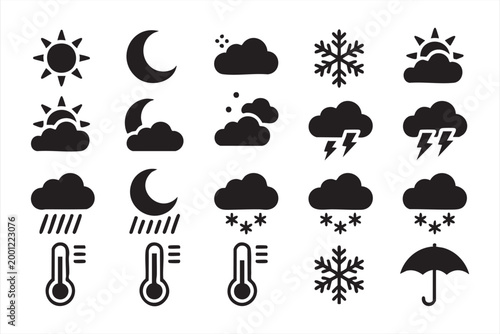 Weather forecast icons, sun cloud rain symbols for app interfaces