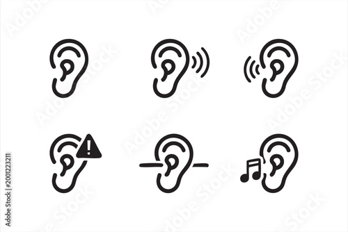 Ear audio icon set, listening sound symbols for medical and communication use