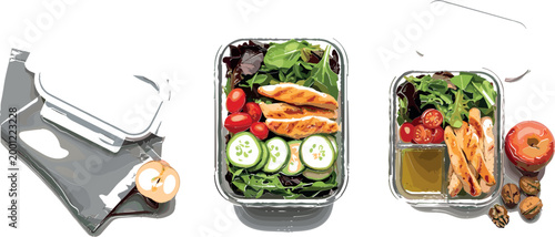 Healthy Meal Prep Containers Vector Illustration Featuring Balanced Lunch Boxes with Chicken, Vegetables, Salad and Nutritious Diet Food in Flat Style
