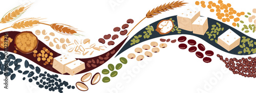 Plant Based Protein Ingredients Banner Vector Illustration Featuring Beans, Lentils, Seeds, Tofu, Grains and Healthy Food Wave Composition in Flat Style