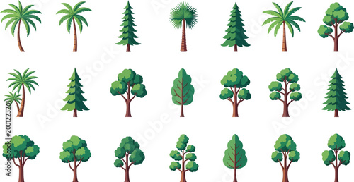 Collection of diverse tree illustrations, including palm, pine, and deciduous trees
