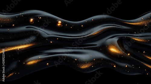 Glossy black liquid waves with shimmering gold flecks and floating metallic droplets, evoking luxurious mysterious fluid motion