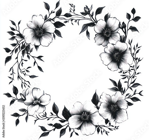 delicate black and white hand-drawn floral wreath with blooming blossoms, leafy branches and twining stems forming an elegant circular frame in a serene botanical mood