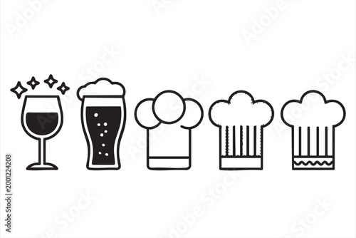 Wine Glass Beer and Chef Hat Icon Set for Restaurant Branding