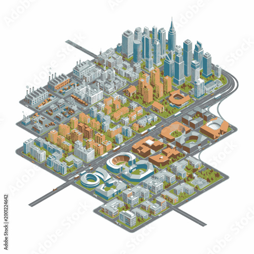 Isometric illustration of a city divided into different zones, showing residential, commercial, industrial, and recreational areas.