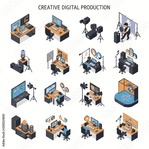 Creative digital production workstations and equipment for various media creation tasks.