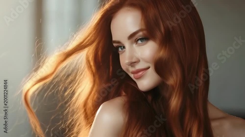 Woman with long flowing red hair and soft skin, cinematic slow motion footage of a female model with natural makeup and glowing lighting in a professional studio environment