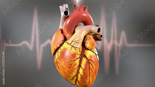 Anatomical human heart beating with rhythm, medical 3D motion graphic animation, isolated on a dark background with an EKG heart rate line