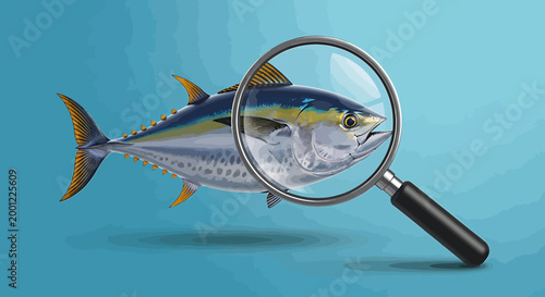 Detailed inspection of a vibrant tuna under a magnifying glass, representing marine life study and essential food safety analysis