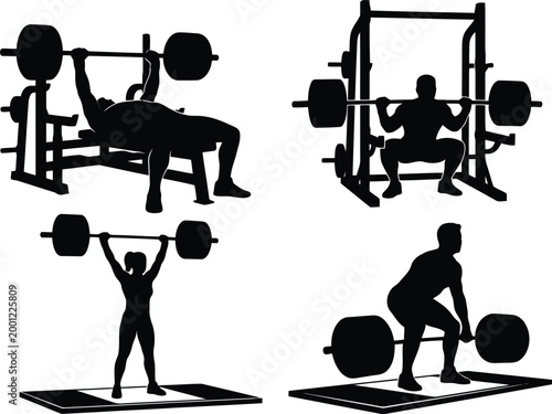 Set of black silhouettes of athletes lifting heavy weights including bench press squat overhead lift and deadlift exercises in a gym fitness club