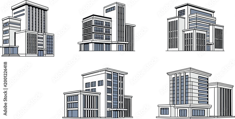 Fototapeta premium Set of six modern architectural building facades in black and white line art illustration