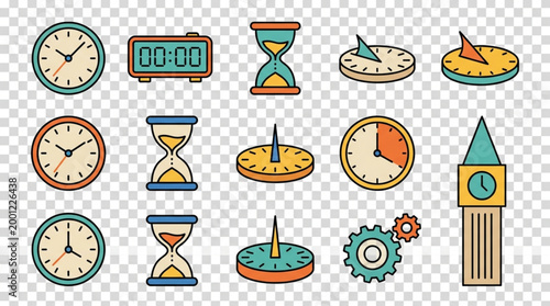 Flat lay of various colorful clock and time icons on a transparent background with a modern and techy feel