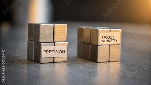 Precision and Process Symmetry Concept Blocks on a Table with a Soft Glow Highlighting Their Metallic Finish and Abstract Background