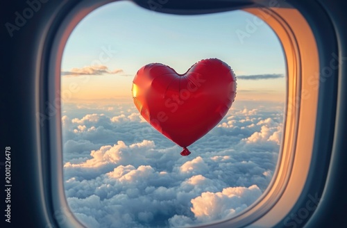red heart-shaped balloon floating above sunlit clouds seen through an airplane window, warm golden glow and serene romantic atmosphere