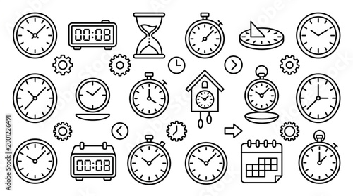 A flat lay of various clocks and time management icons in a simple line drawing style on a white background