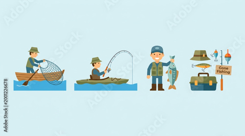 Illustration of a cartoon fisherman in various scenes with fishing gear on a light blue background