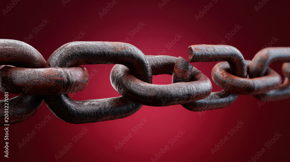 Fototapeta premium Rusty metal chain close up isolated on red background strong link texture industrial metal chain linked steel corrosion surface heavy chain chain link macro view