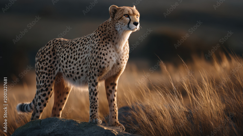 Obraz premium Cheetah standing on rock in savanna with alert gaze and warm light