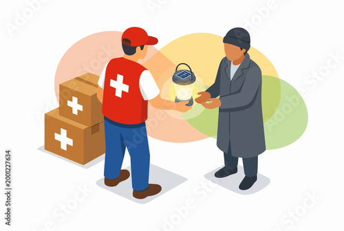 Humanitarian Aid Worker Giving Solar Lantern to Person in Need