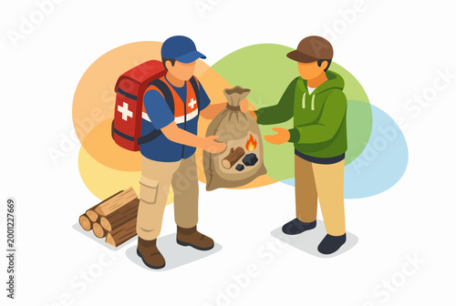 Aid worker giving sack of fuel and wood supplies to person in need