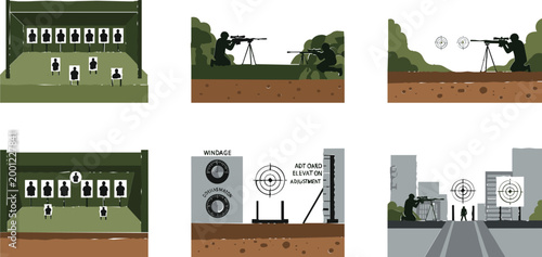 Shooting Range Training Scenes Vector Set Featuring Target Practice, Military Marksmanship, Sniper Positions and Outdoor Firing Range Illustrations in Flat Style
