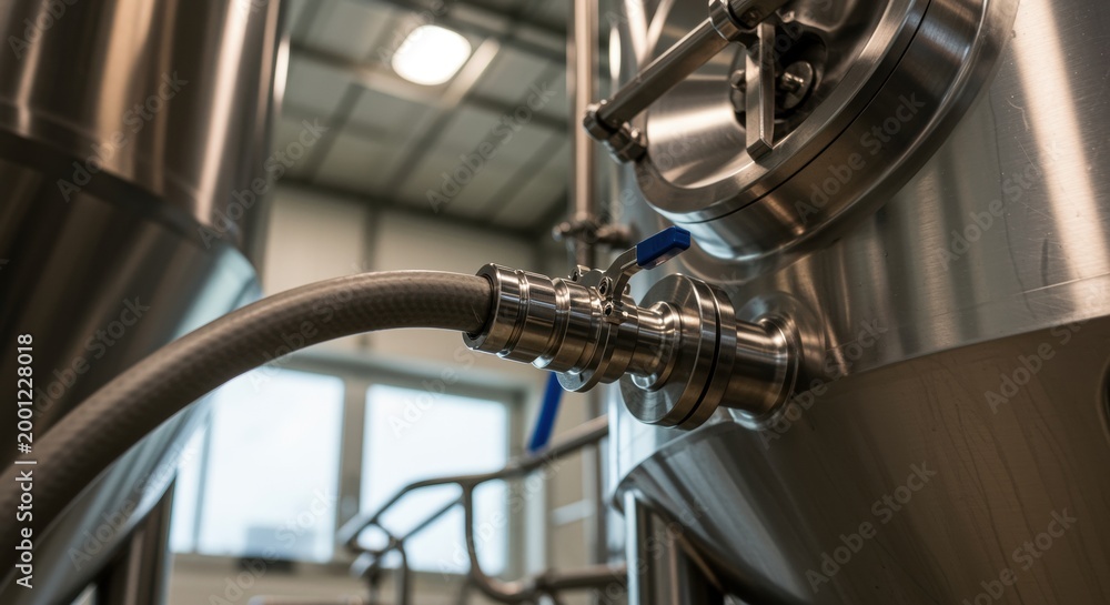 Obraz premium Stainless steel tank connected with hose in industrial brewery modern facility