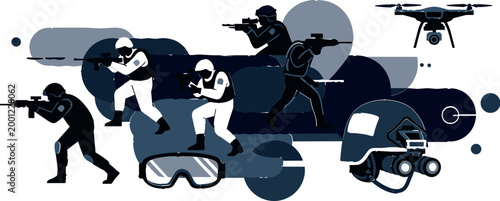 SWAT Team Tactical Operation Vector Illustration Featuring Armed Officers, Combat Action, Drone Surveillance and Police Special Forces Equipment in Flat Style